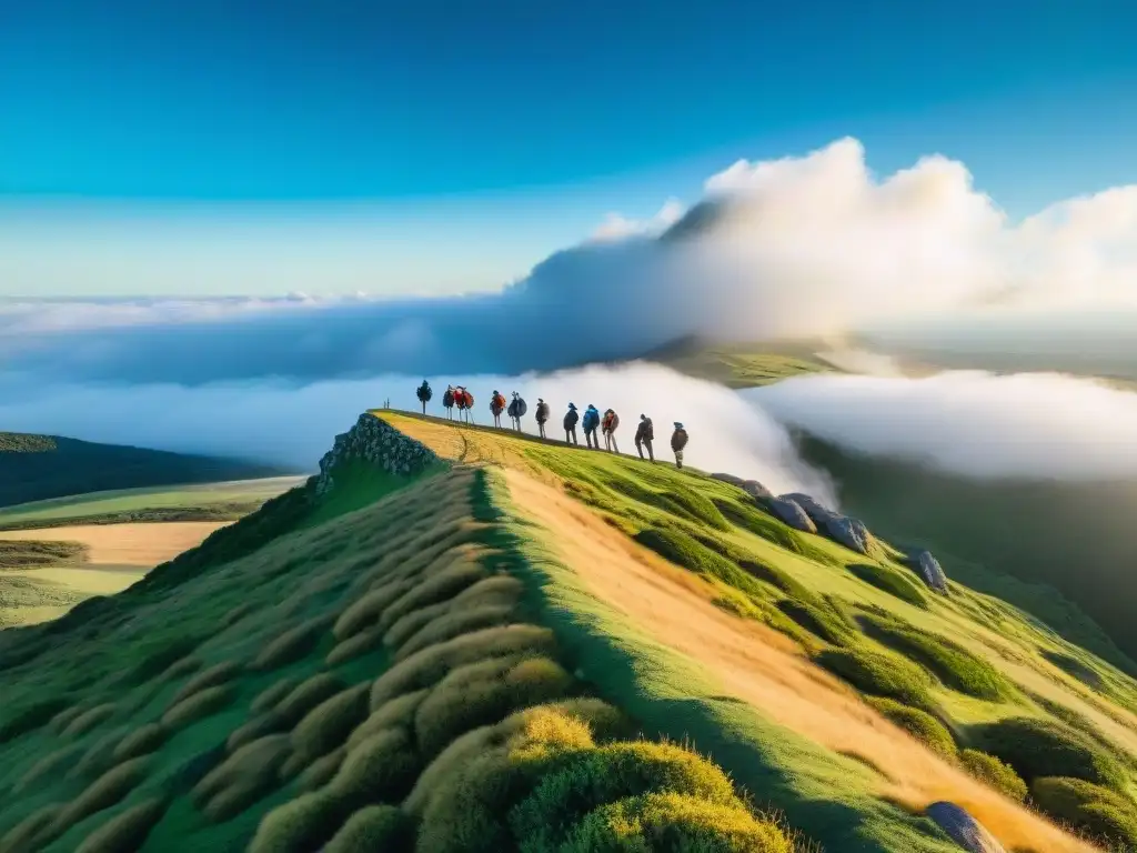 Grupo de viajeros aventureros en Uruguay, admirando un paisaje virgen desde un acantilado