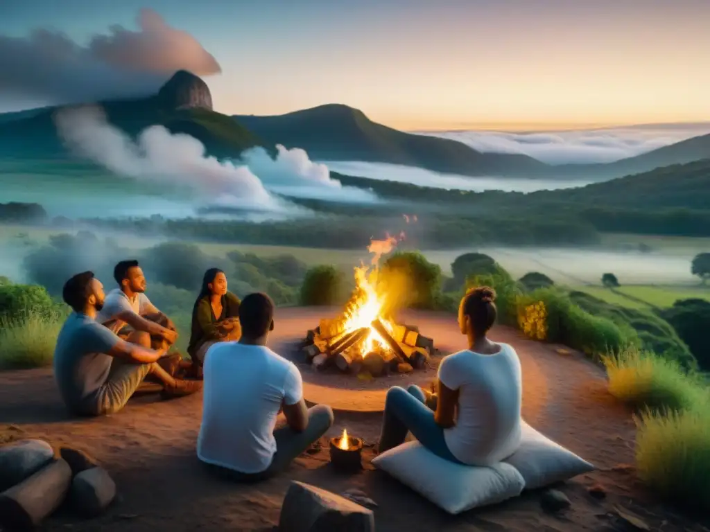 Un grupo de viajeros escuchando historias alrededor de una fogata en un retiro de camping en la naturaleza de Uruguay