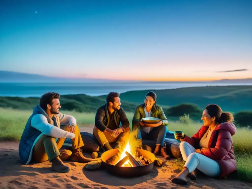 Un grupo de viajeros disfruta de una velada alrededor de una fogata en un campamento en Uruguay, compartiendo comida local