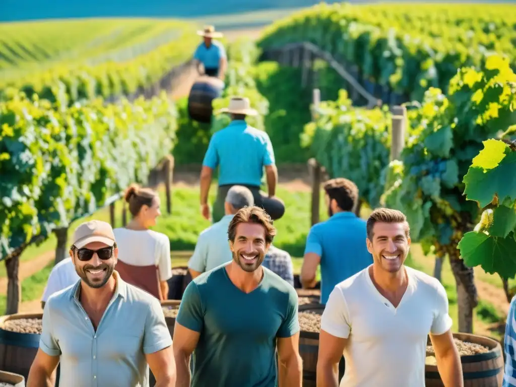 Grupo de viajeros disfrutando de la vendimia en una bodega de Uruguay, parte de los paquetes gastronómicos aventura Uruguay