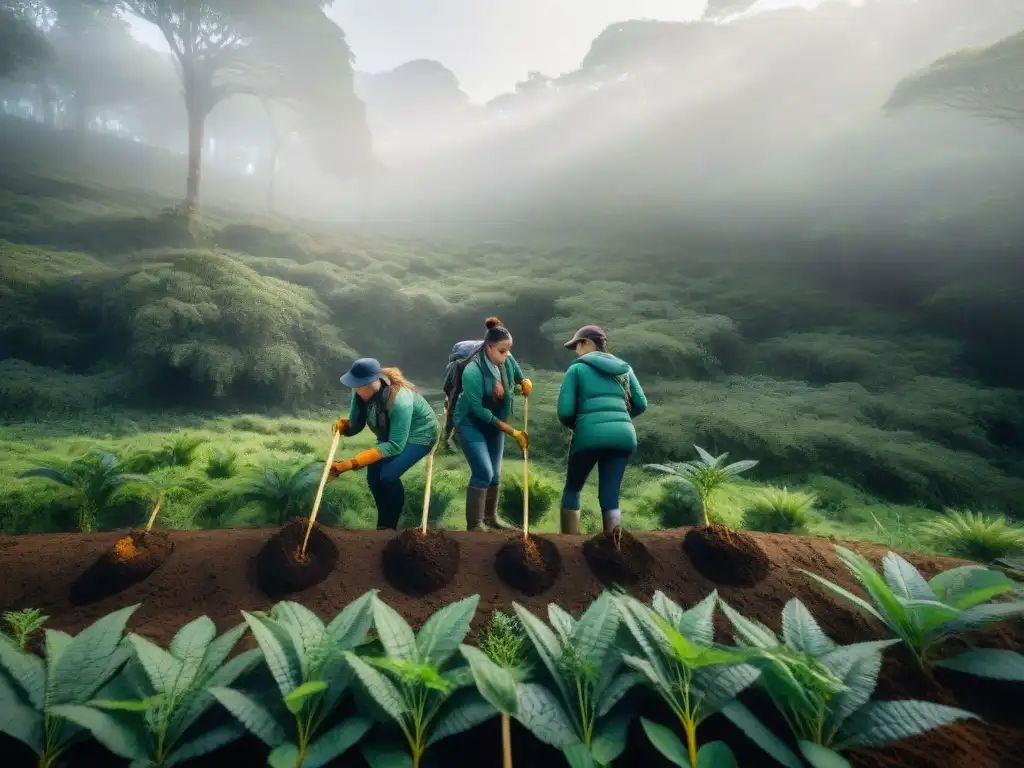 Un grupo de voluntarios plantando árboles en un bosque verde en Uruguay, resaltando el campismo sostenible