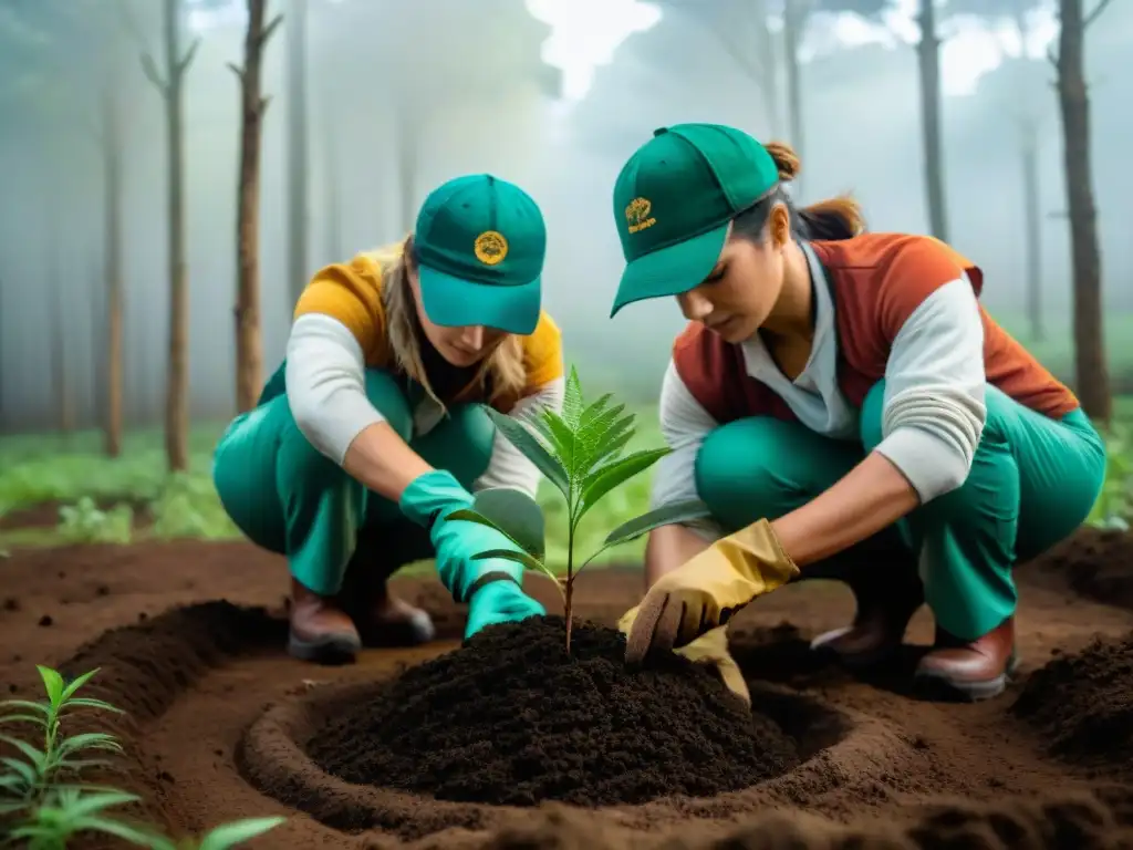 Grupo de voluntarios plantando árboles en un bosque verde en Uruguay