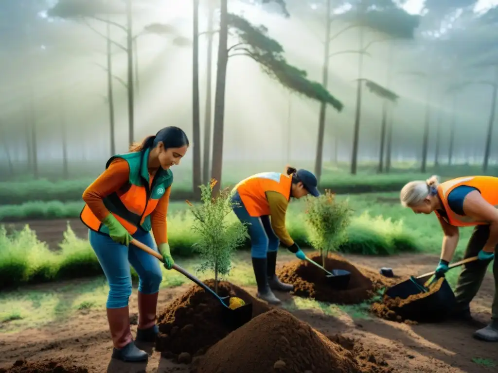 Un grupo de voluntarios plantando árboles nativos en un frondoso bosque verde en Uruguay