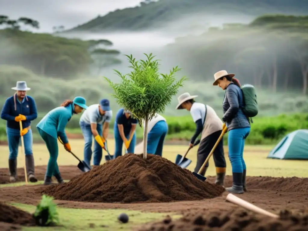 Grupo de voluntarios plantando árboles nativos en camping de Uruguay