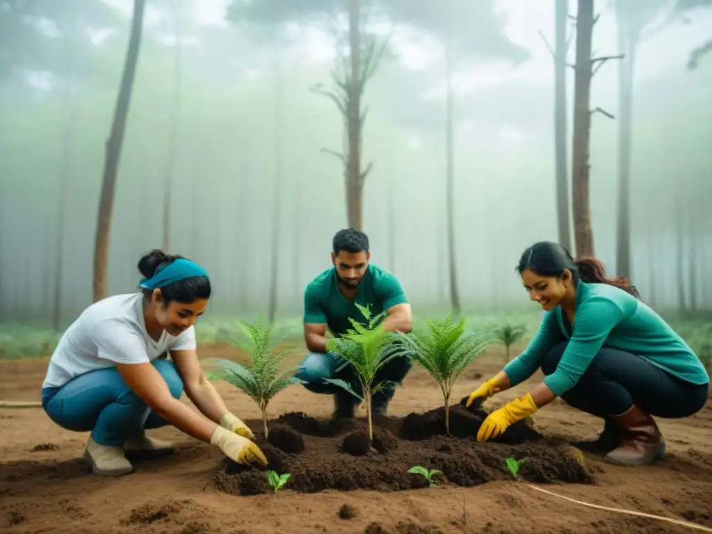 Grupo de voluntarios plantando árboles nativos en un bosque verde en Uruguay