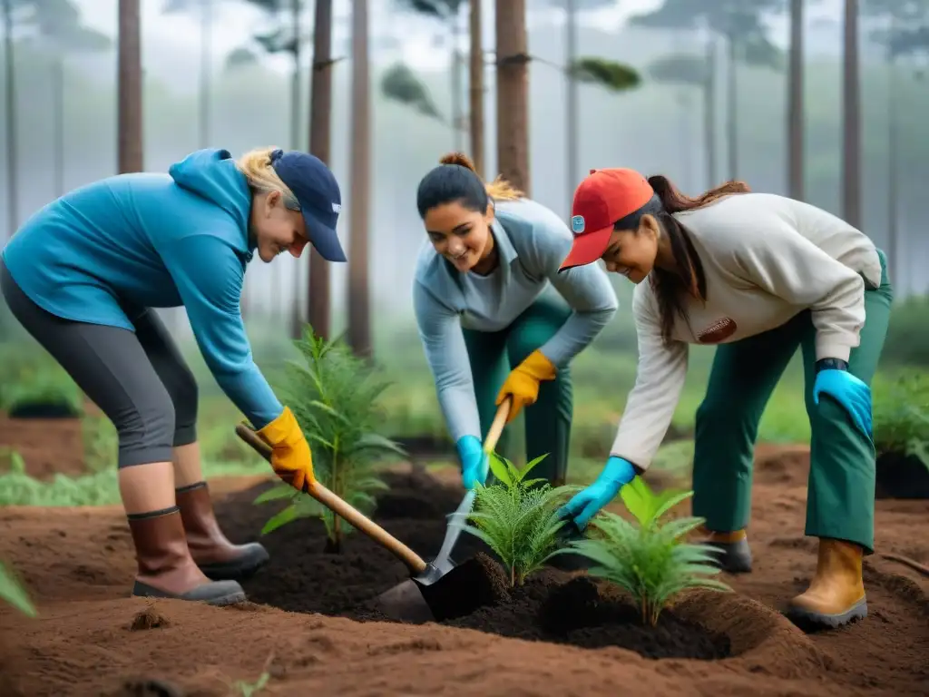 Grupo de voluntarios reforestando bosque en Uruguay, destacando el camping consciente