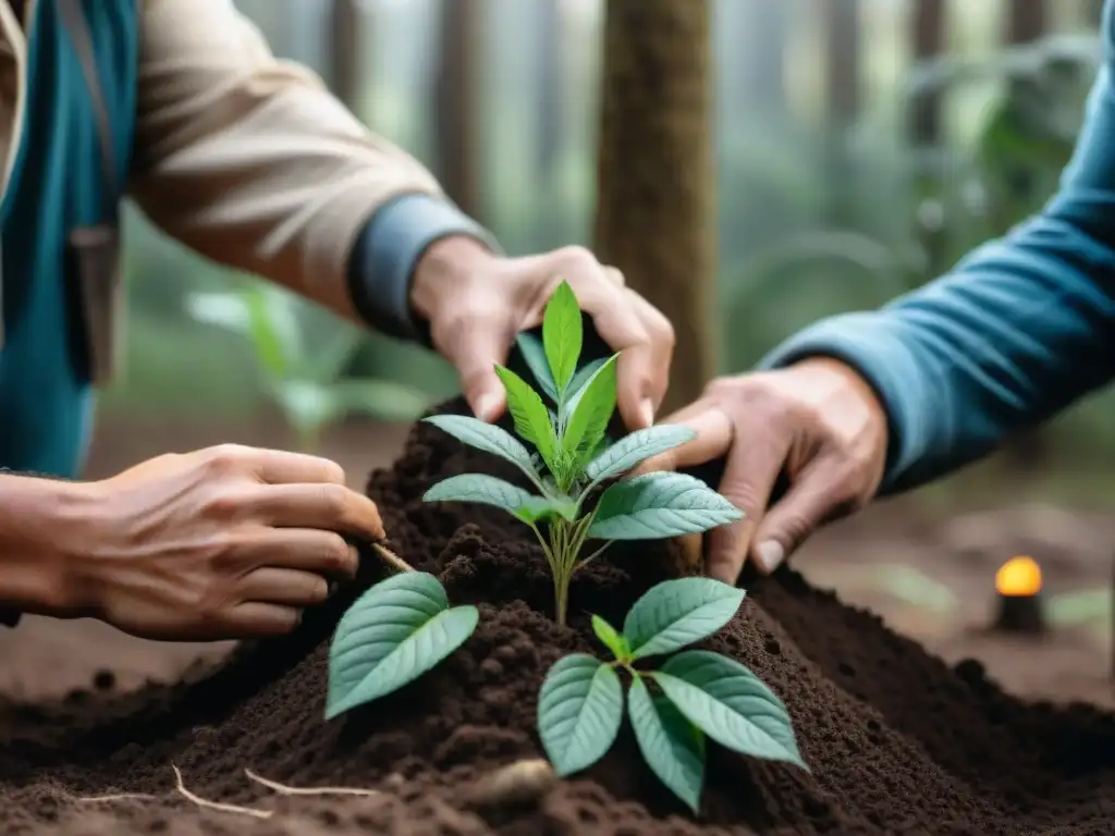 Un grupo de voluntarios diverso planta árboles en un bosque frondoso de Uruguay, destacando la importancia del camping sostenible en Uruguay