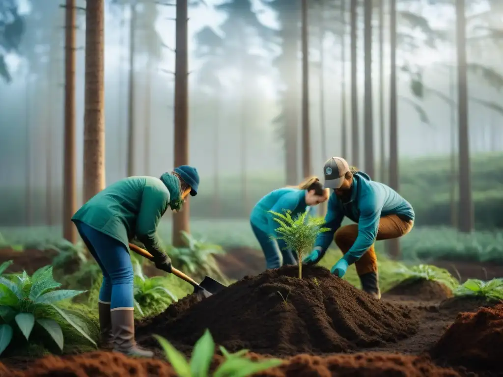 Un grupo de voluntarios diversos realiza una reforestación en Uruguay, con prácticas de camping consciente