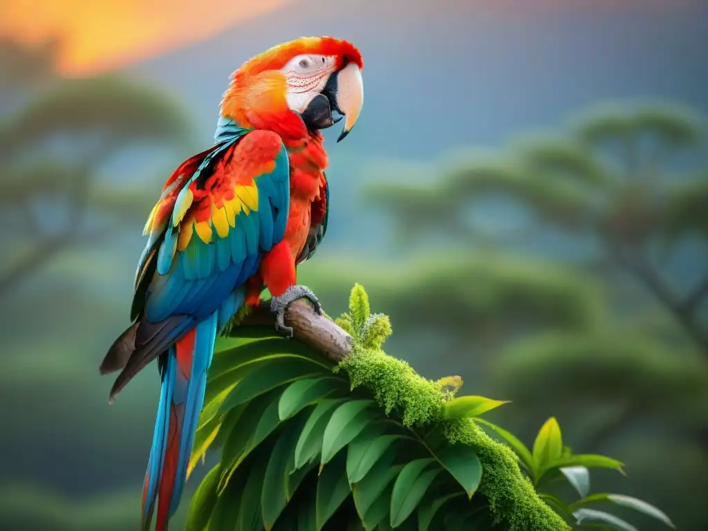 Un guacamayo escarlata en rama verde, plumaje vibrante iluminado por el sol poniente en los Esteros de Farrapos