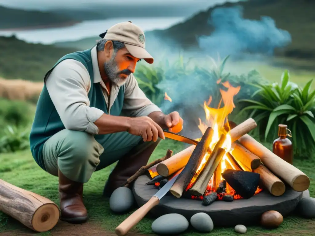 Un hábil bushcrafter en Uruguay prepara un campamento cocina tradicional rodeado de exuberante vegetación