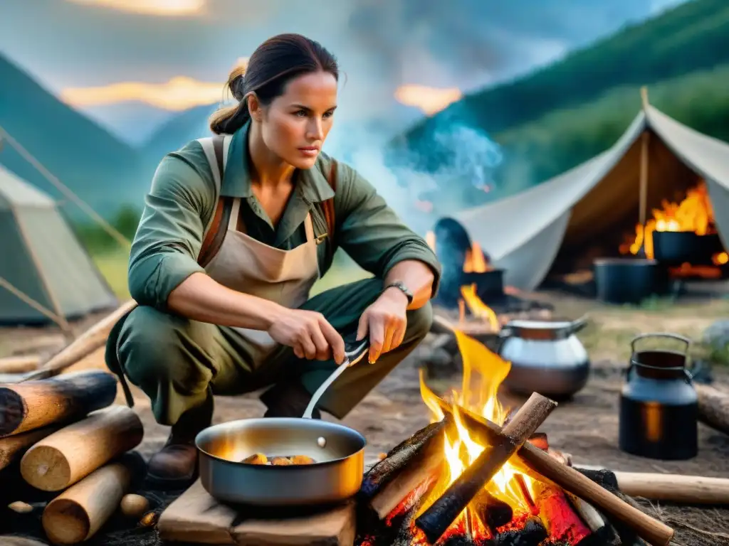 Un hábil experto en supervivencia cocinando alimentos sin utensilios en camping, con expresión enfocada ante fogata en la naturaleza