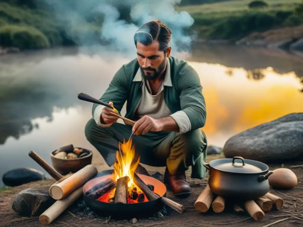 Un hábil bushcrafter en Uruguay prepara una receta bushcraft camping