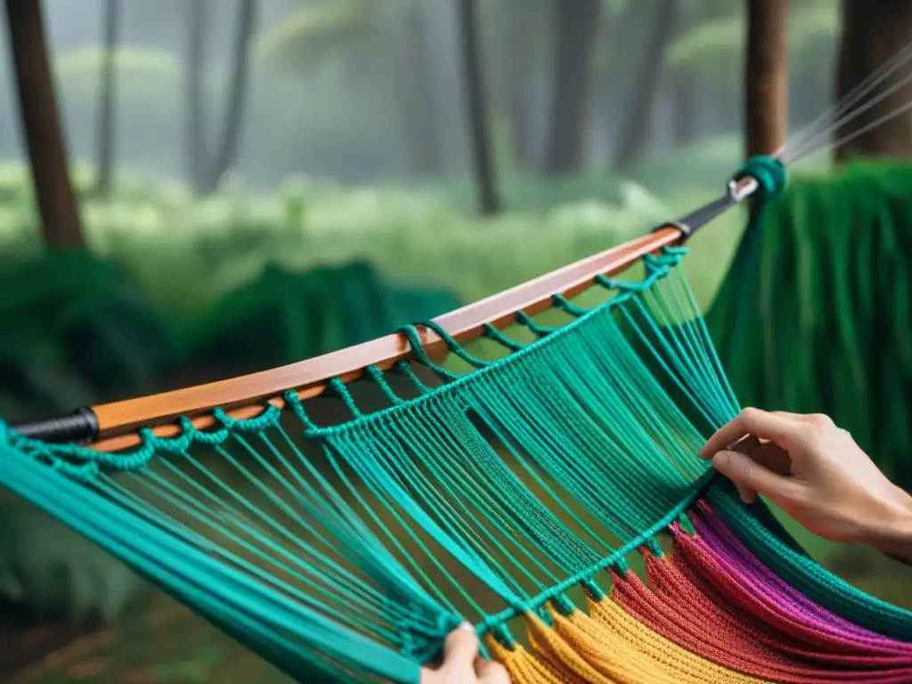 Las hábiles manos del artesano uruguayo tejen con esmero una hamaca reciclada en el exuberante bosque