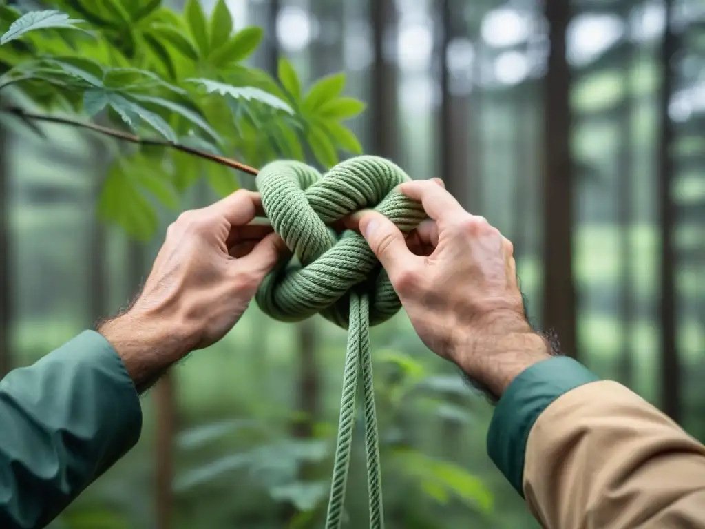 Hábiles manos de experto en nudos y amarres para camping en un escenario forestal exuberante