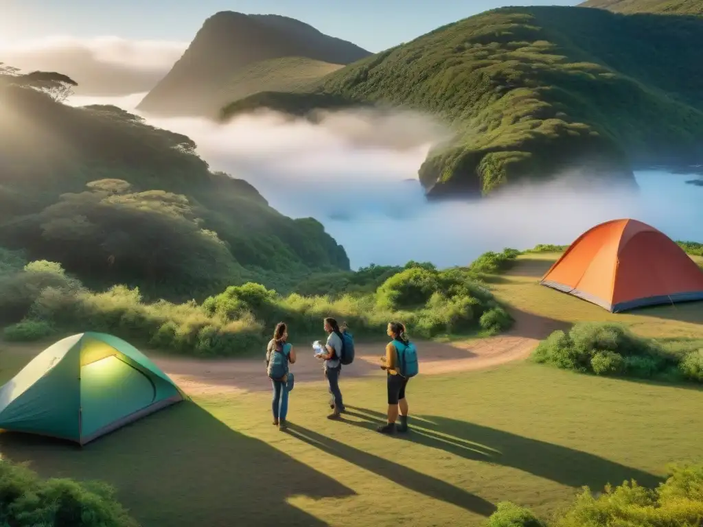 Una hermosa imagen de un campamento en la exuberante naturaleza de Uruguay, donde campistas practican el manejo de residuos al acampar