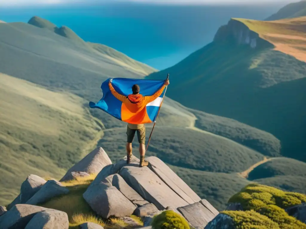 Hiker en acantilado, ondeando bandera de socorro naranja en paisaje uruguayo remoto