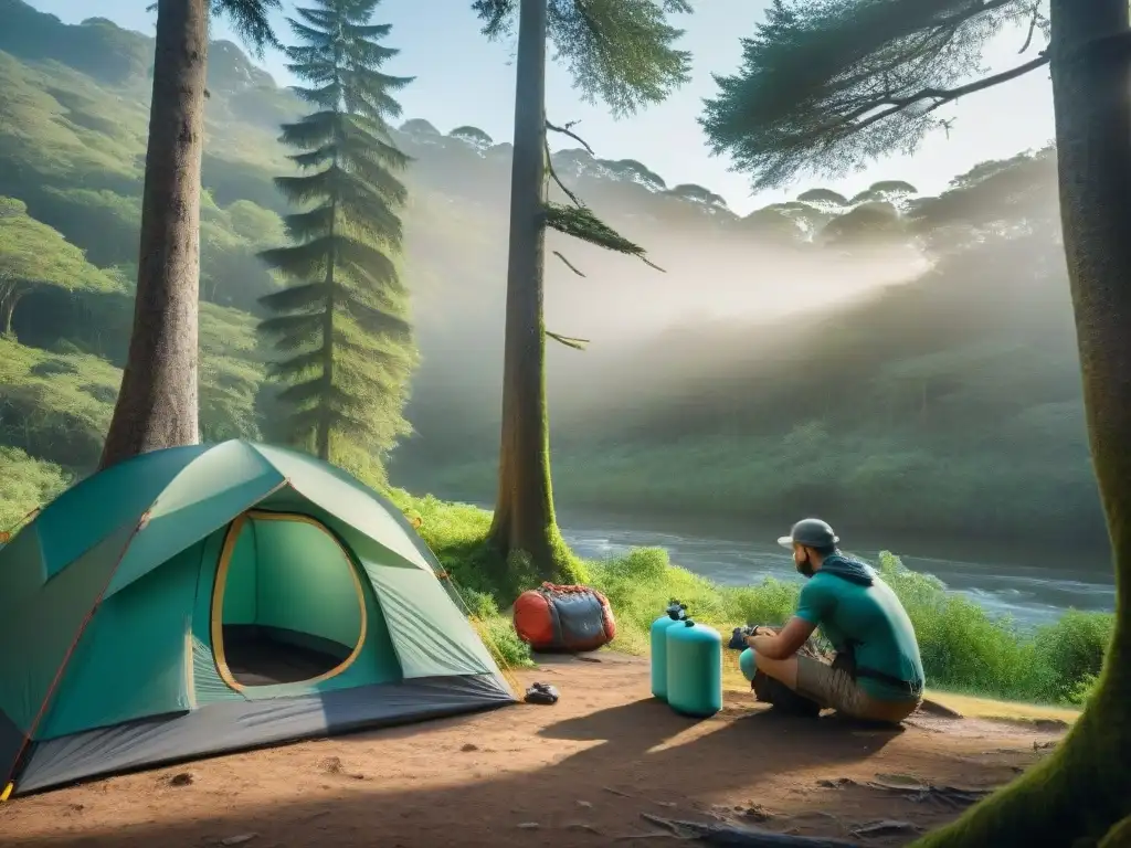 Hiker filtrando agua en el campamento en Uruguay, rodeado de exuberante vegetación y río sereno