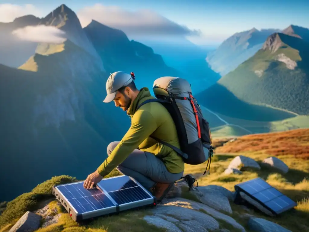 Hiker ajustando paneles solares en mochila en montañas