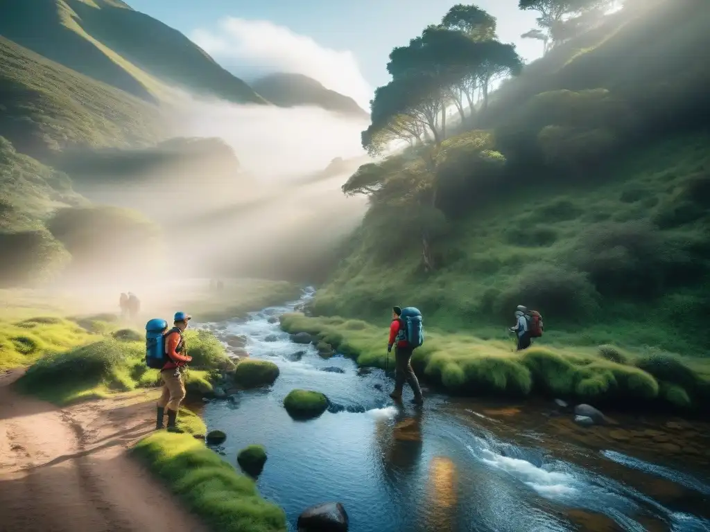 Hikers filtrando agua en un arroyo en Uruguay con los mejores filtros de agua portátiles