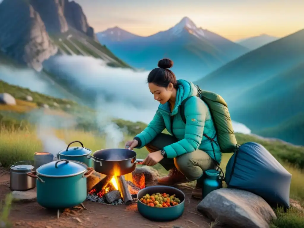 Hikers preparando cena deshidratada al atardecer en campamento