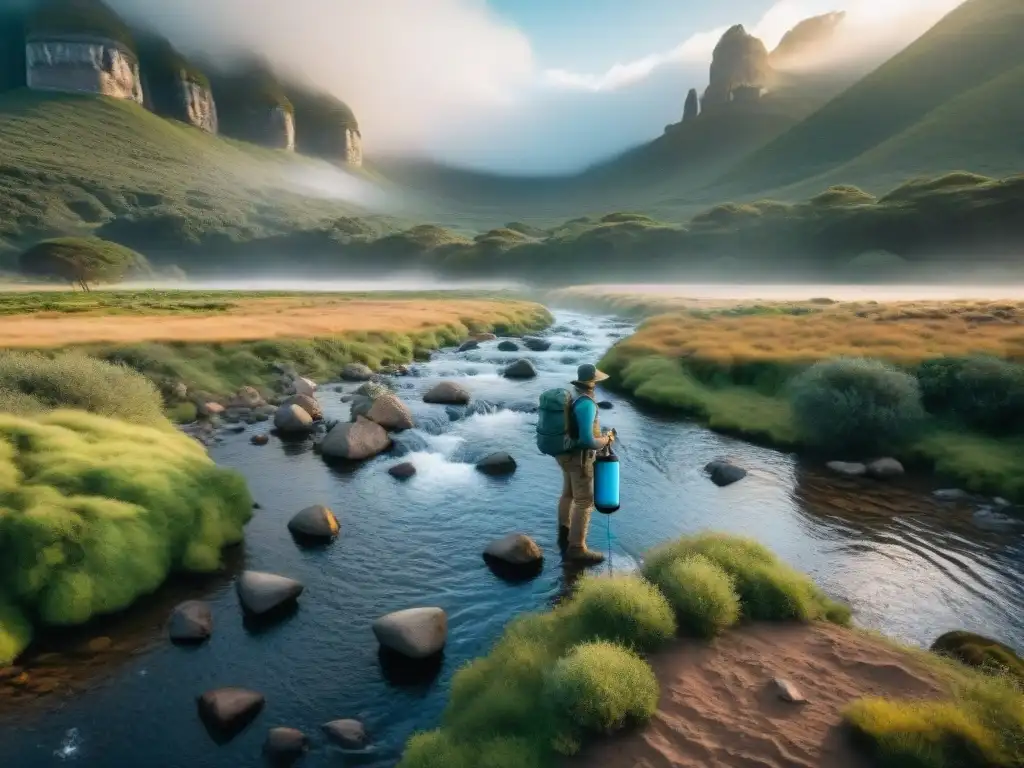 Hikers usando filtros de agua portátiles en Uruguay, rodeados de naturaleza exuberante y filtrando agua cristalina de un arroyo