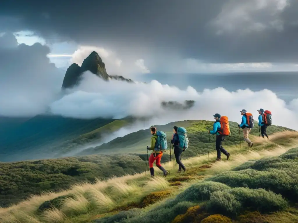 Hikers con ropa camping resistente intemperie exploran paisajes de Uruguay bajo nubes tormentosas