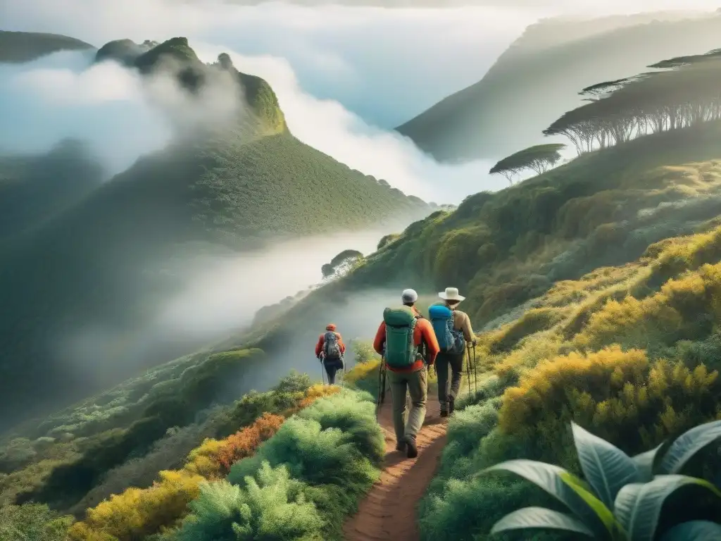 Hikers explorando senderos en Uruguay, memorizando rutas entre densa vegetación