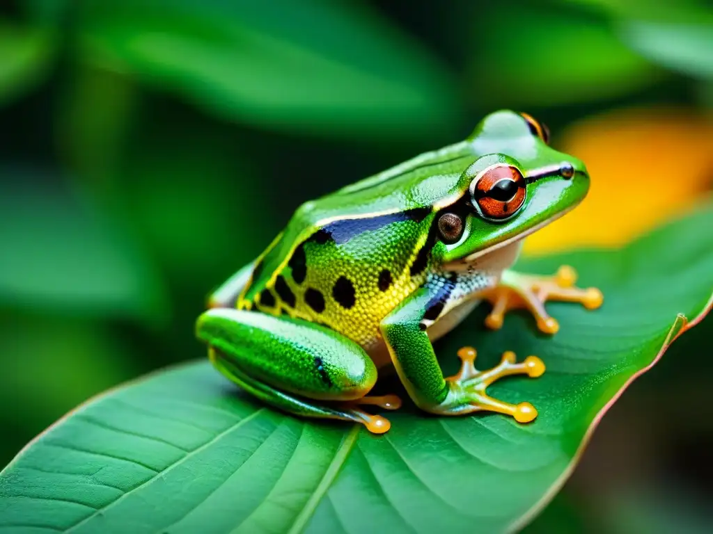 Rana tree frog en hoja vibrante de la selva de Uruguay, texturas y patrones naturaleza