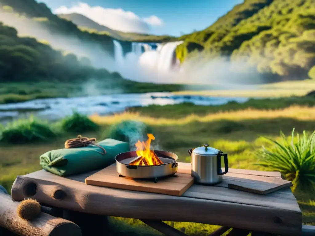 Un idílico campamento en la exuberante naturaleza de Uruguay, con hornillos portátiles camping Uruguay en primer plano