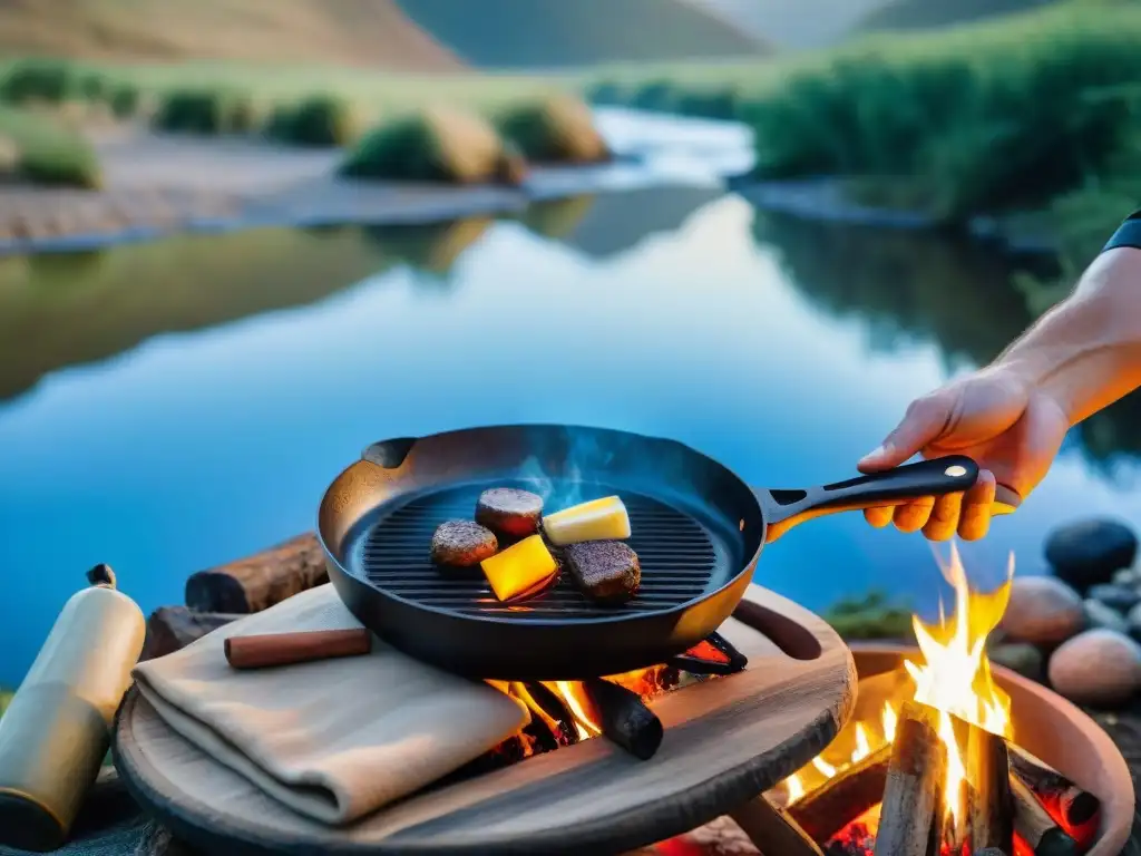 Un idílico campamento junto al río en Uruguay, con una sartén de hierro cocinando recetas camping al aire libre