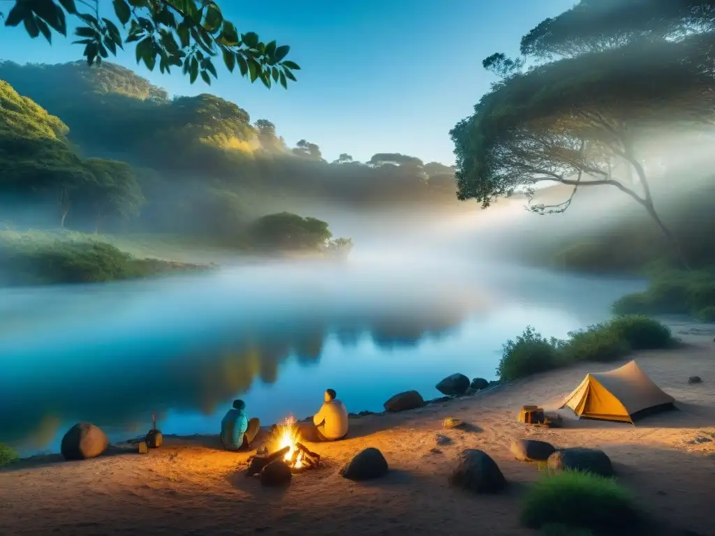 Un idílico campamento junto al río en Uruguay, donde una pareja disfruta del atardecer