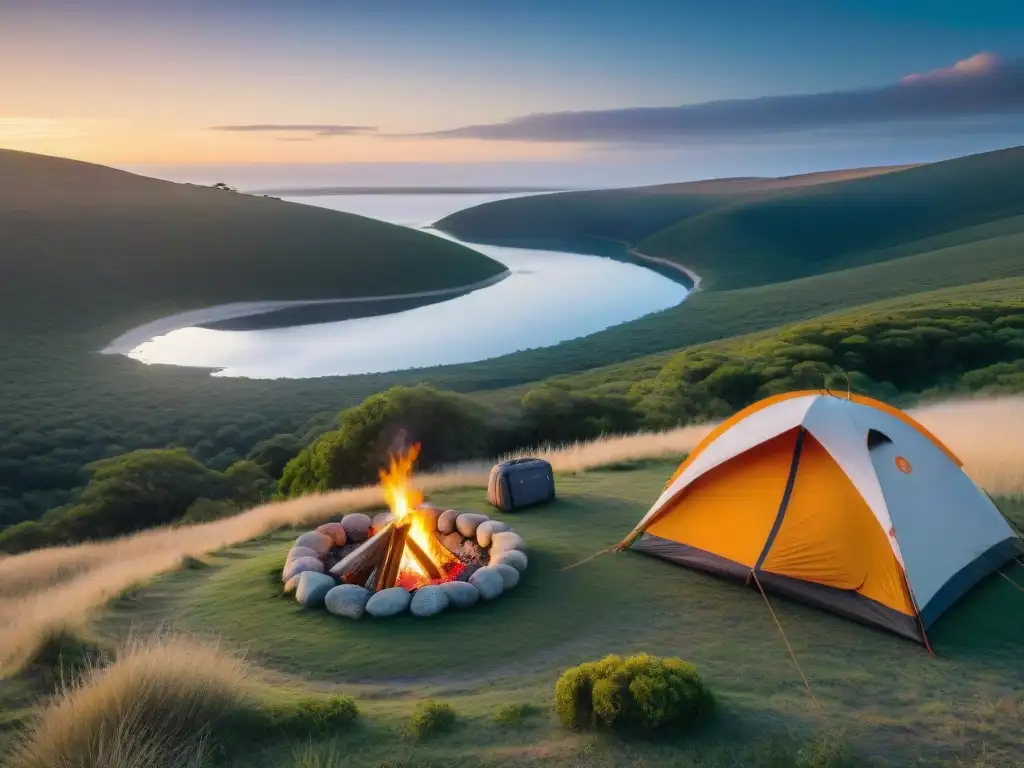 Un idílico campamento en la remota naturaleza de Uruguay al atardecer, con tienda, fogata y paisaje, ideal para Consejos acampar áreas remotas Uruguay