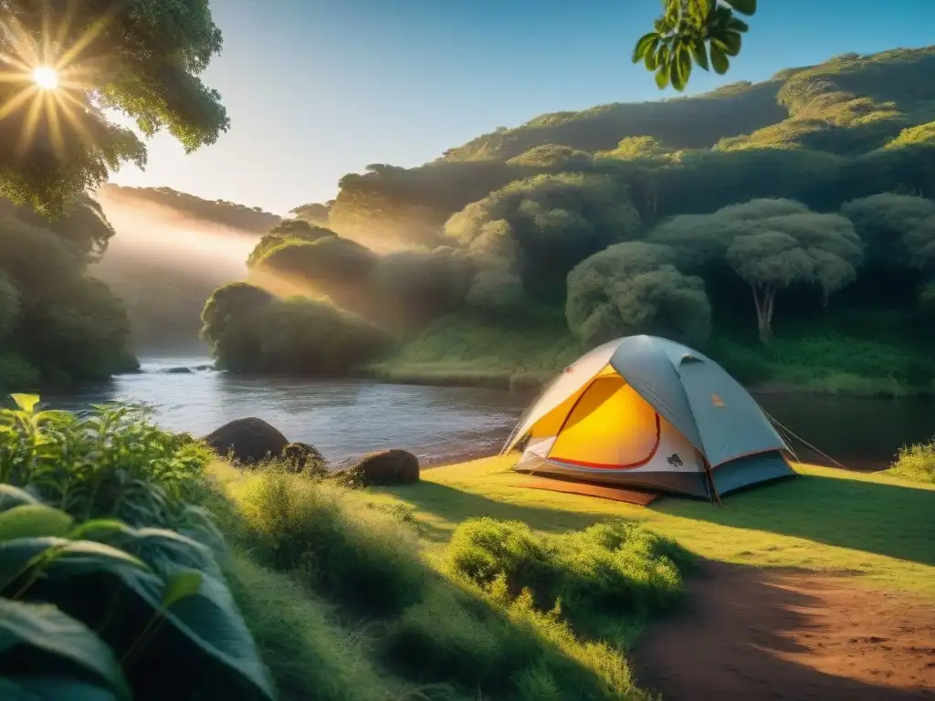 Idílico campamento en Uruguay con tienda acogedora entre árboles verdes y río sereno al fondo al atardecer