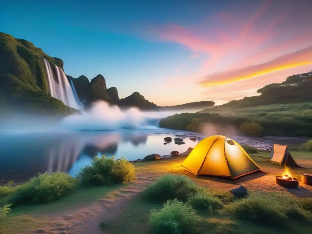 Un idílico campamento en Uruguay con tienda de campaña, río y fogata al atardecer