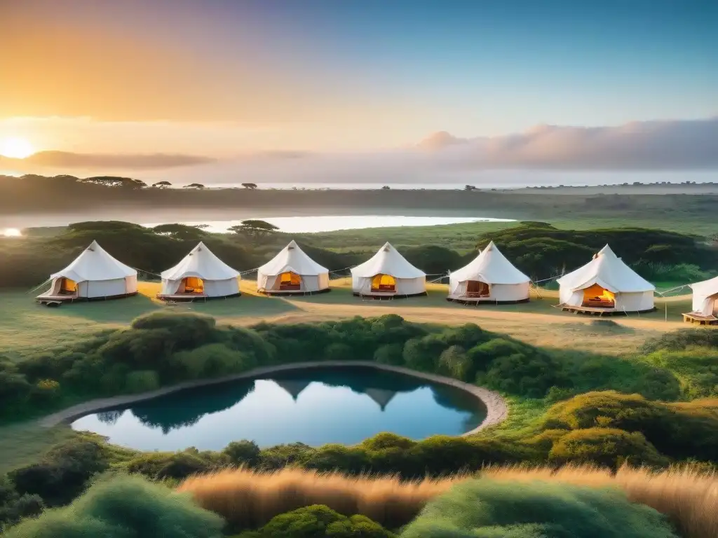 Un idílico glamping en Uruguay con niños, tiendas de safari de lujo entre vegetación exuberante y un lago tranquilo al atardecer