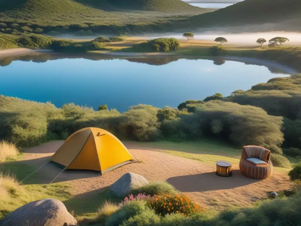 Un idílico lugar secreto para acampar en Uruguay, con un campamento junto al río al atardecer