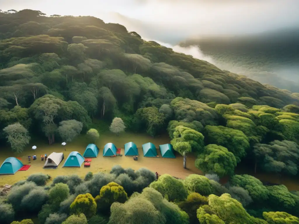 Una imagen aérea impresionante de campistas en un bosque, debatiendo entre GPS y smartphones para acampar