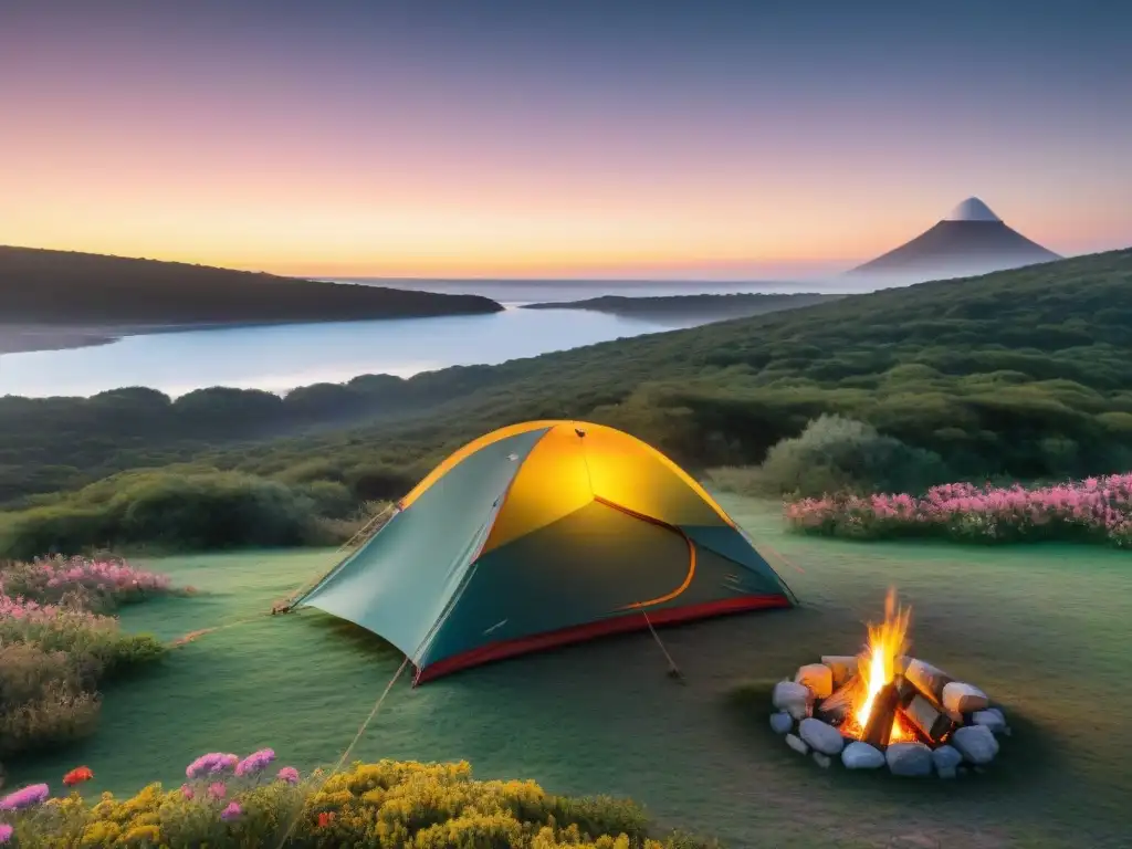 Imagen detallada de un amanecer impresionante en un tranquilo y pintoresco lugar de acampada en Uruguay