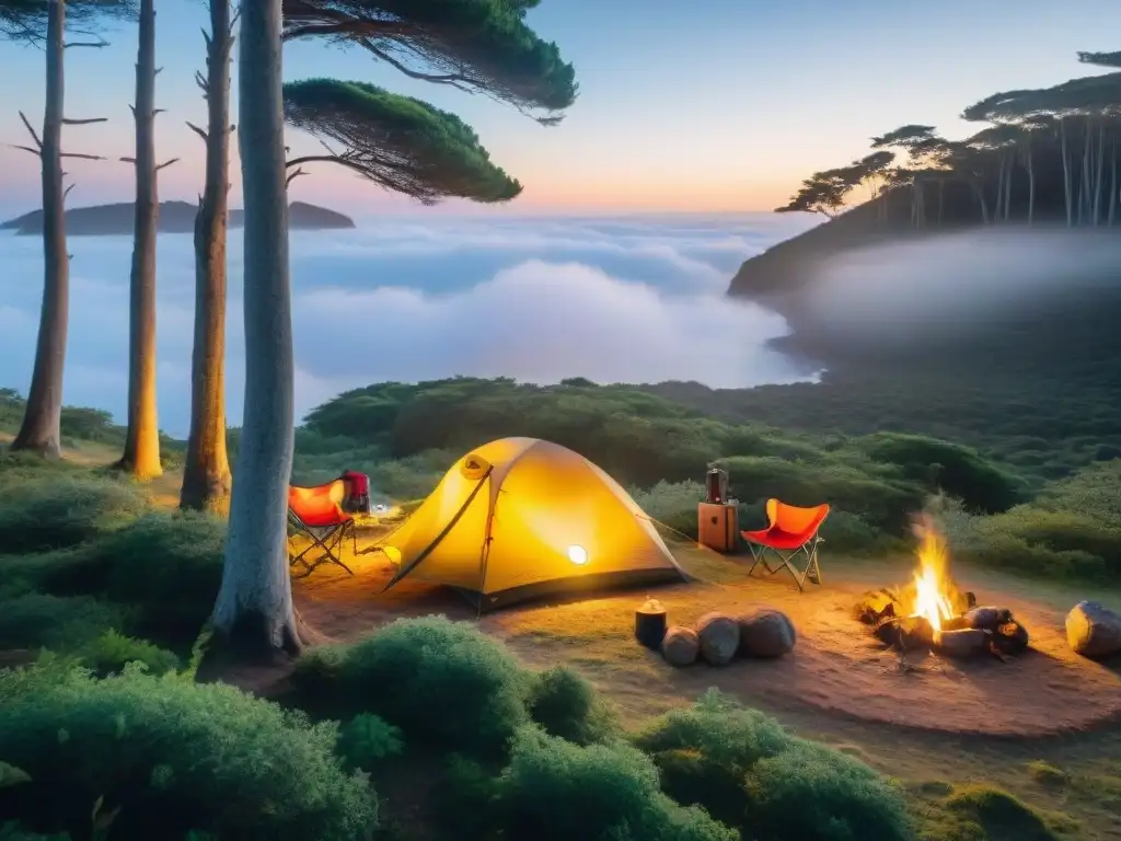 Una imagen detallada de un campamento sostenible en un bosque de Uruguay, con equipo ecofriendly