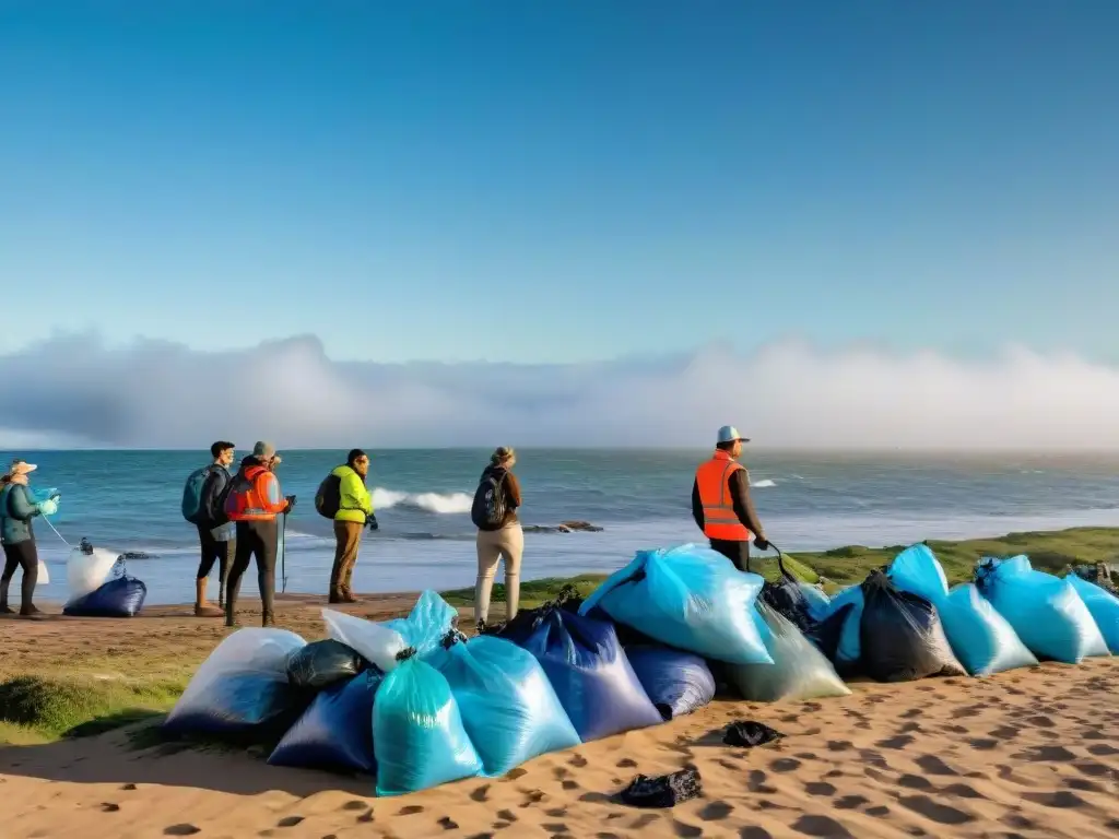 Una imagen inspiradora de limpieza en la playa en Uruguay, destacando el esfuerzo colectivo y el impacto positivo en el medio ambiente