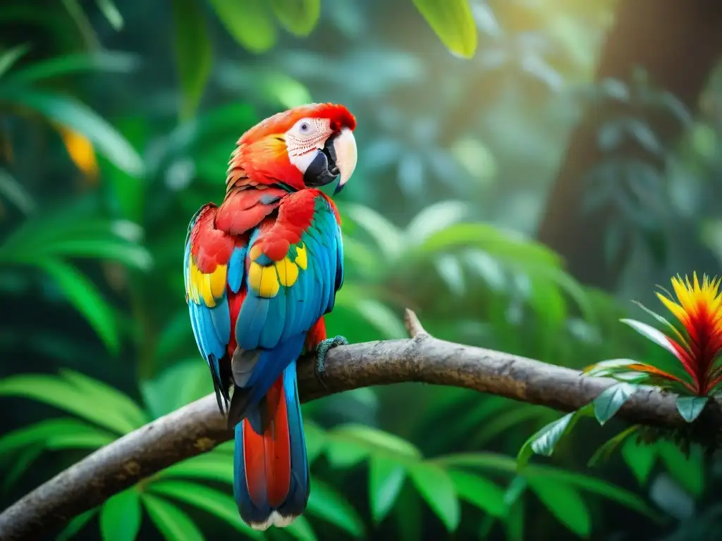 Imponente guacamayo escarlata en la selva, iluminado por el sol