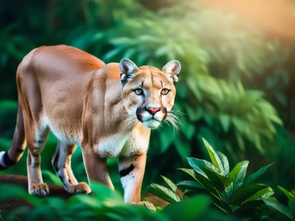 Imponente Puma en la selva uruguaya, su pelaje brillante bajo la luz del sol