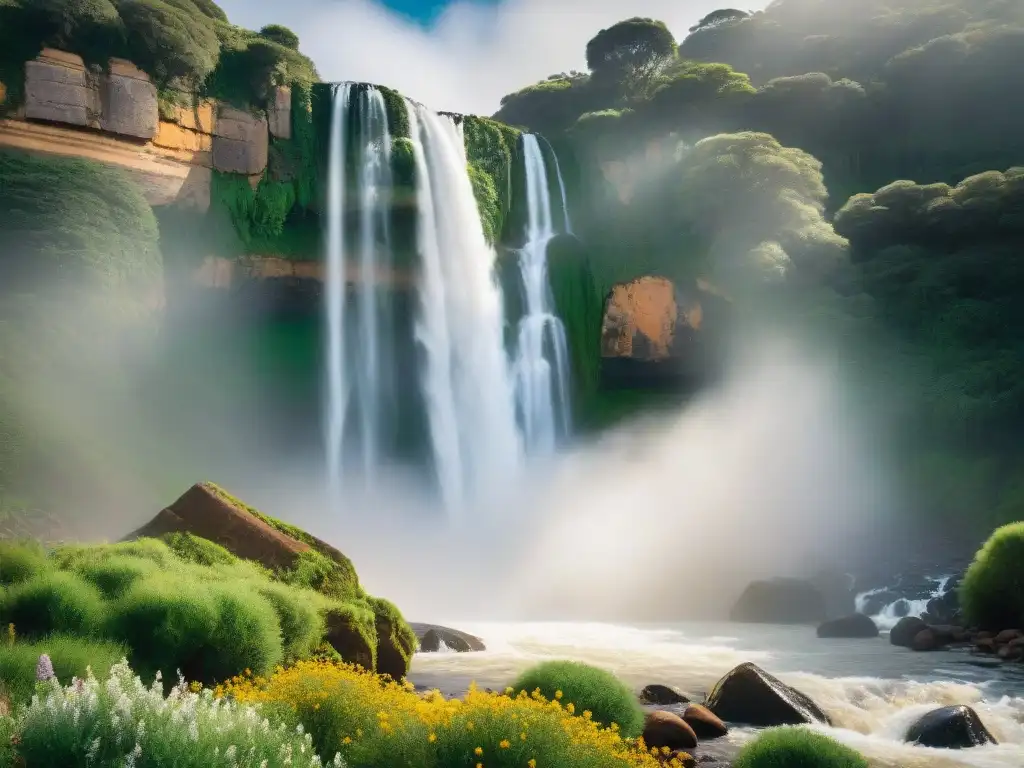 Impresionante cascada natural en Uruguay: agua rugiendo entre rocas, rodeada de exuberante vegetación y flores silvestres vibrantes