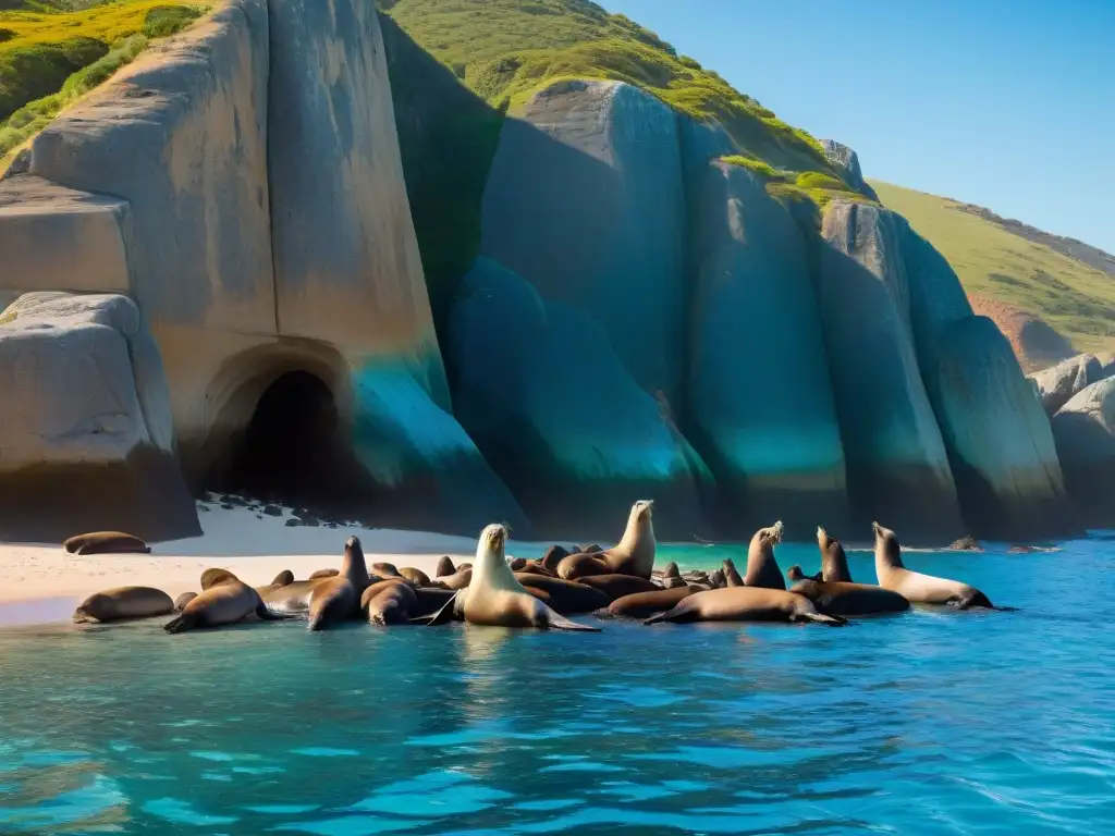 Una impresionante colonia de lobos marinos en Isla de Lobos, Uruguay, disfrutando del sol y el mar