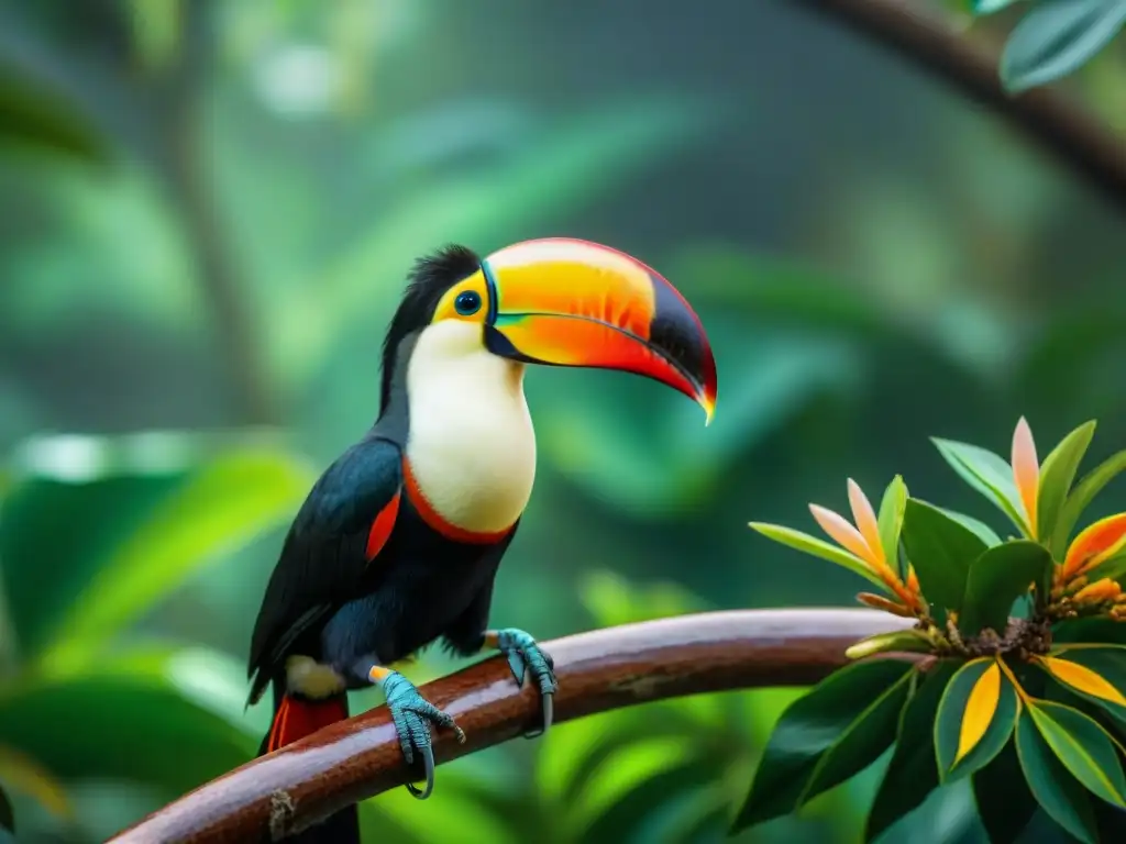 Un impresionante tucán colorido posado en una rama verde en la selva tropical