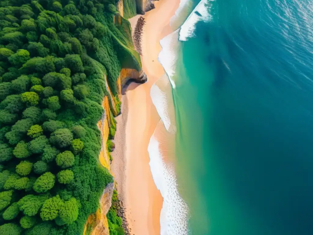 Un impresionante paisaje costero de Uruguay capturado por un dron, con acantilados, olas del Atlántico y un solitario en la playa