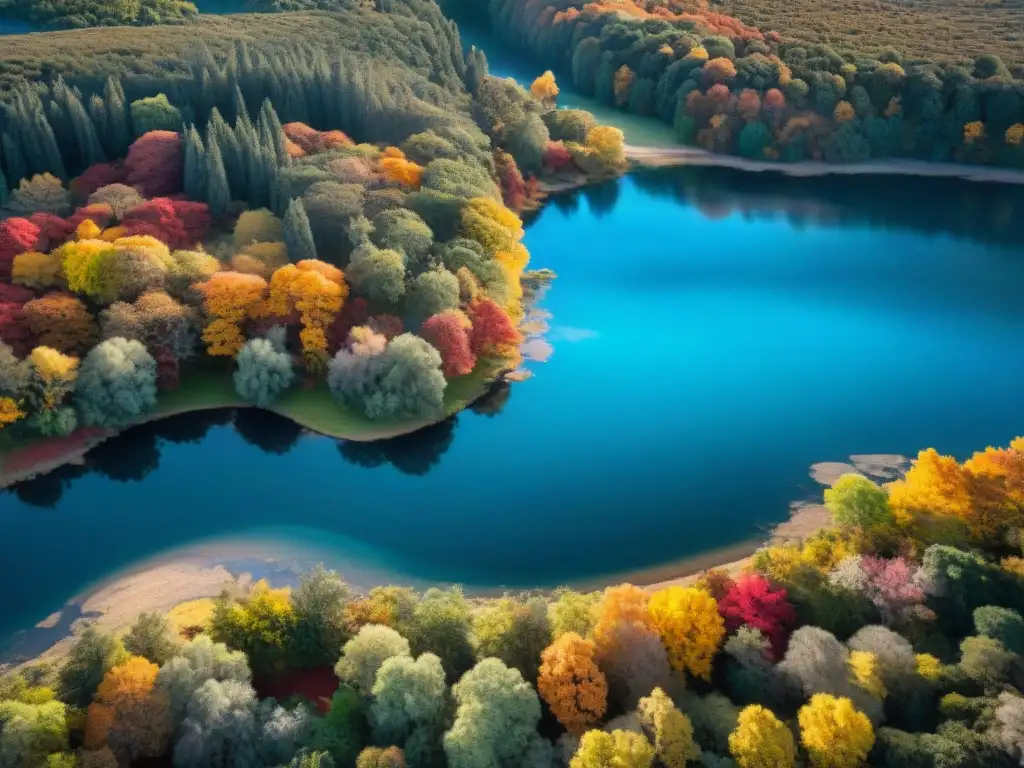 Impresionante paisaje otoñal en Uruguay con bosque colorido y río tranquilo