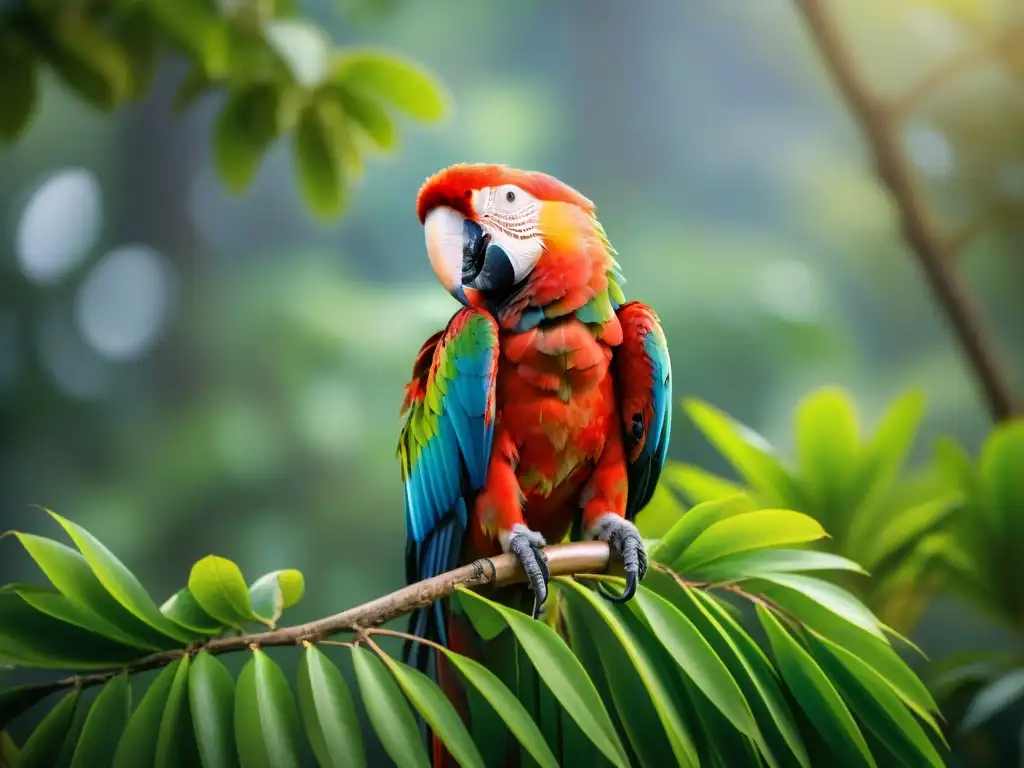 Un impresionante Guacamayo Escarlata en rama verde del Paraíso inexplorado de los Esteros de Farrapos, ideal para birdwatching en Uruguay