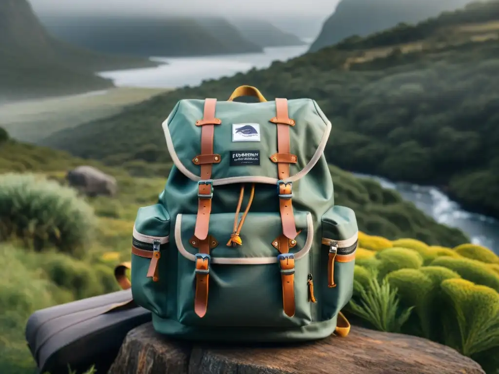 Una impresionante variedad de mochilas técnicas para camping en Uruguay, exhibidas en un exuberante paisaje