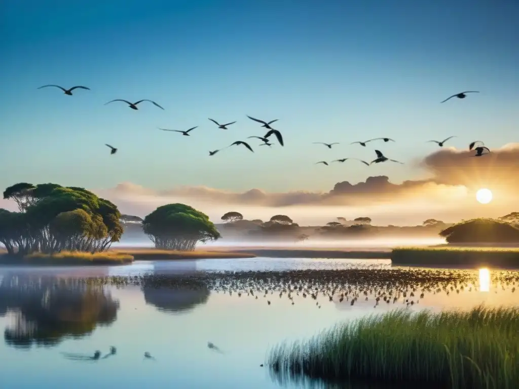 Increíble amanecer en humedales de Uruguay con diversidad de aves en vuelo